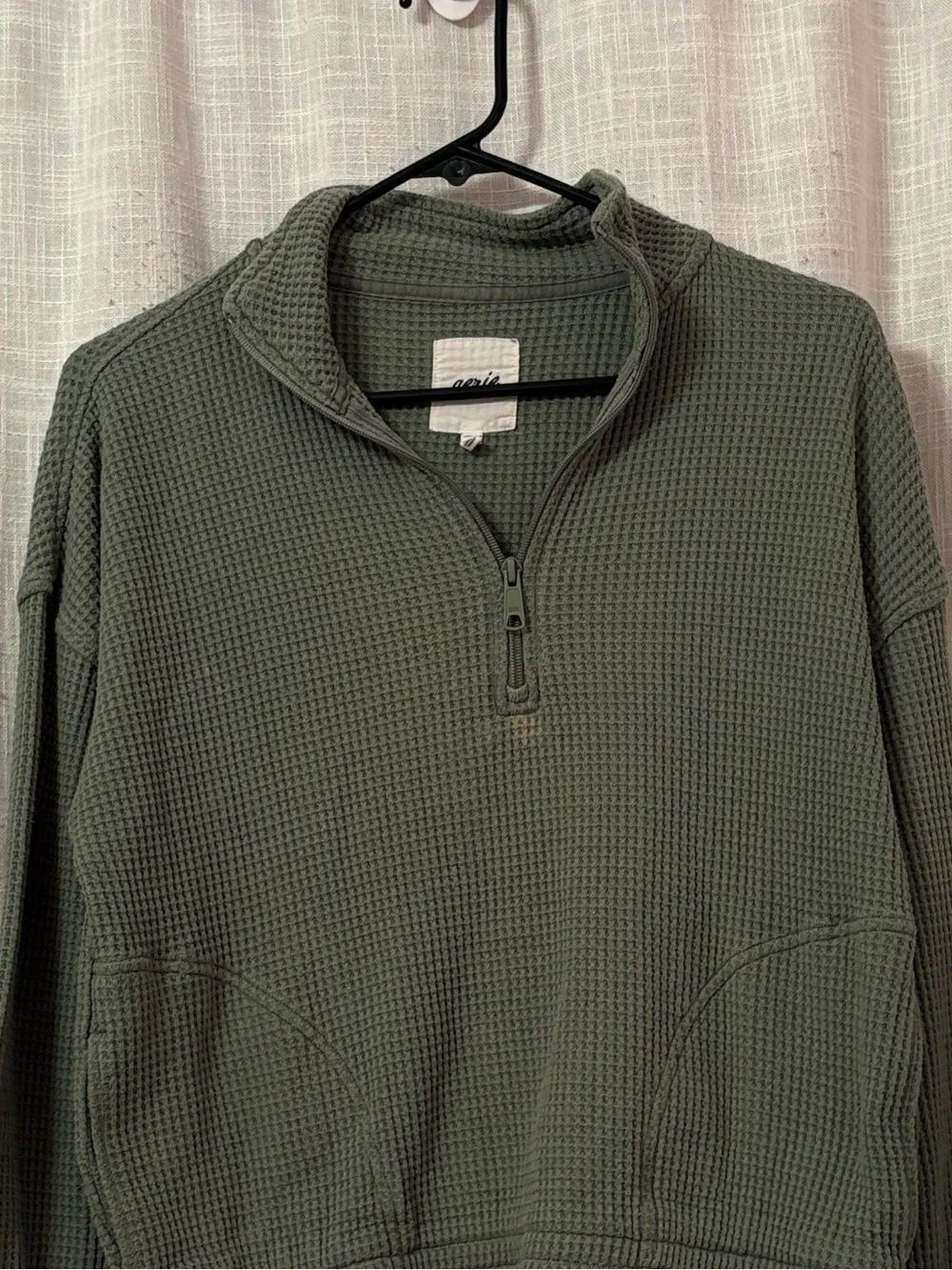 Aerie Waffle Knit Sage Green Quarter Zip Cropped Sweatshirt
